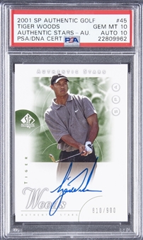 2001 SP Authentic Golf "Authentic Stars" Autograph #45 Tiger Woods Signed Rookie Card (#810/900) – PSA GEM MT 10, PSA/DNA 10